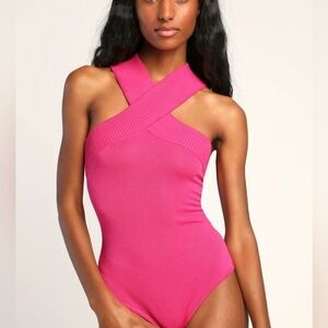 Lulu’s Don't Cross Me Hot Pink Sweater Knit Sleeveless Bodysuit size medium